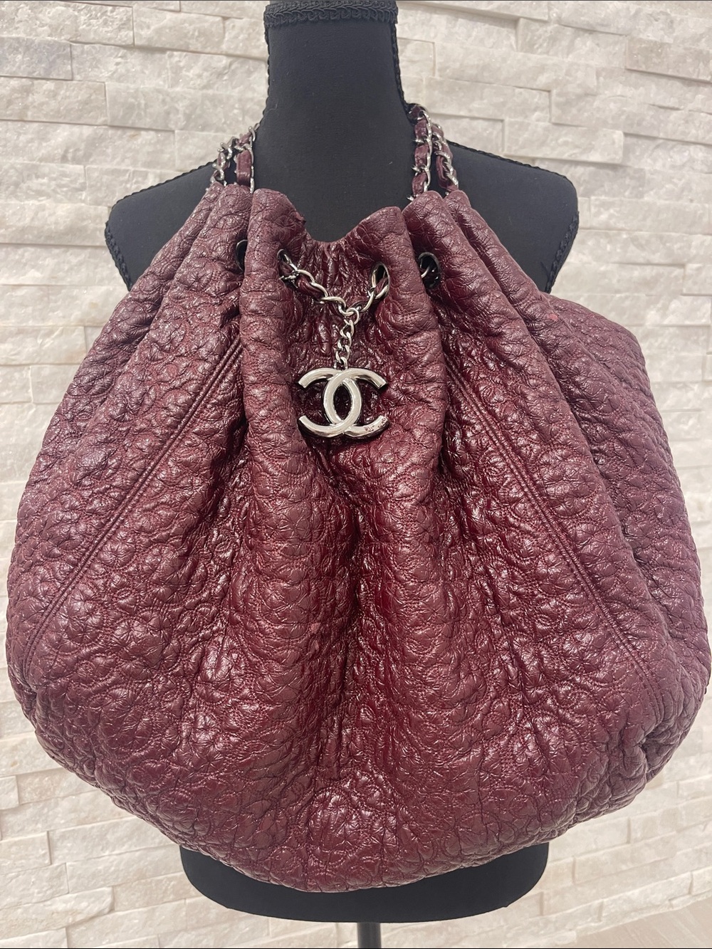 Authentic CHANEL Camelia in Bordeaux with CC Charm